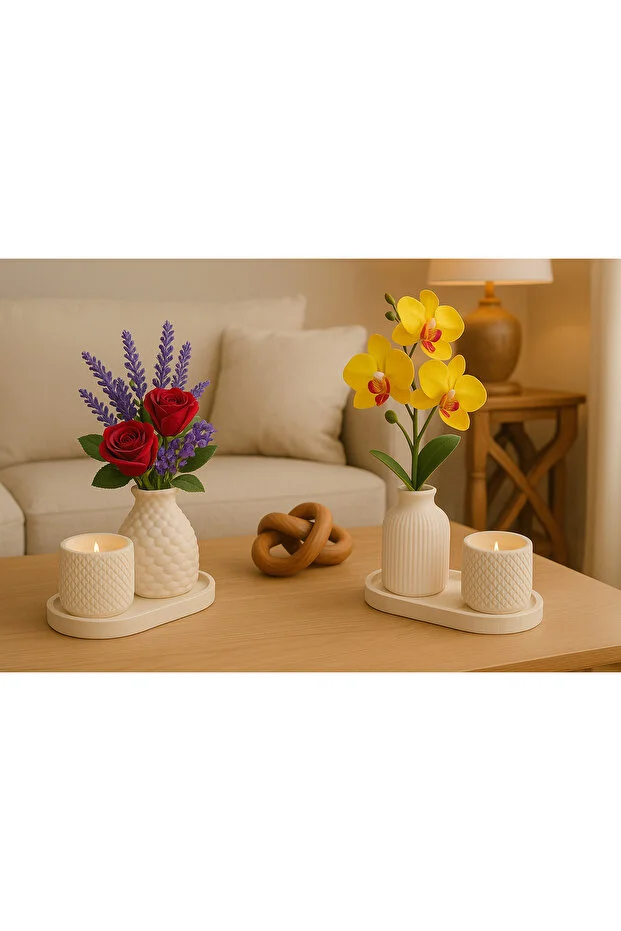 Çiçekli Seramik Vazo Ve Mum Seti – 2’li Dekoratif Masa Süsü(ÇİCEKLER DAHİL DEĞİLDİR)